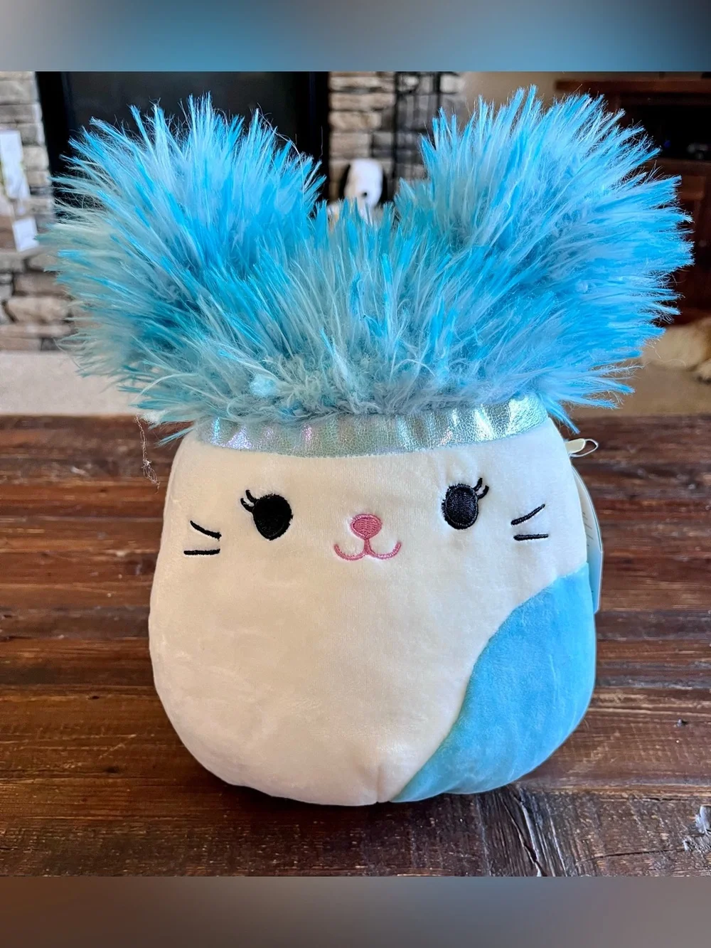 KellyToy Squishmellow Cora Calico Cat Squish-Doos Blue /White Fluffy Ears 10”NWT